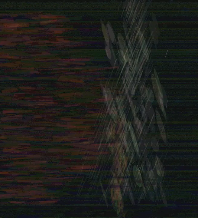 Hymn without Architecture: cumulative painting state 4 of 4; Hymn without Architecture is a completed original from SOL-ULTRA-SALON-B-01. Sealed jury decision: reject. Dark field with separate red deposits and pale vertical mesh lacks a singular whole-image decision and reads as generic procedural abstraction.