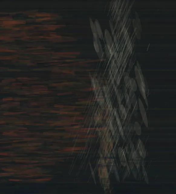 Hymn without Architecture is a completed original from SOL-ULTRA-SALON-B-01. Sealed jury decision: reject. Dark field with separate red deposits and pale vertical mesh lacks a singular whole-image decision and reads as generic procedural abstraction.