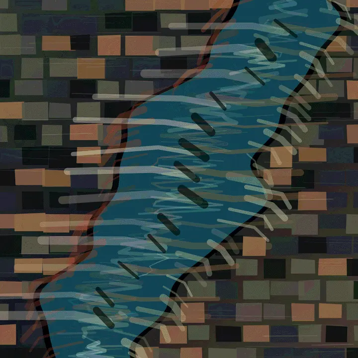 The River Refuses the Grid: cumulative painting state 3 of 5; The River Refuses the Grid is a completed original from SOL-ULTRA-SALON-B-01. Sealed jury decision: reject. Bright river ribbon, brick grid, and crossing ticks explain river versus city diagrammatically; flow-field polish does not produce material consequence.