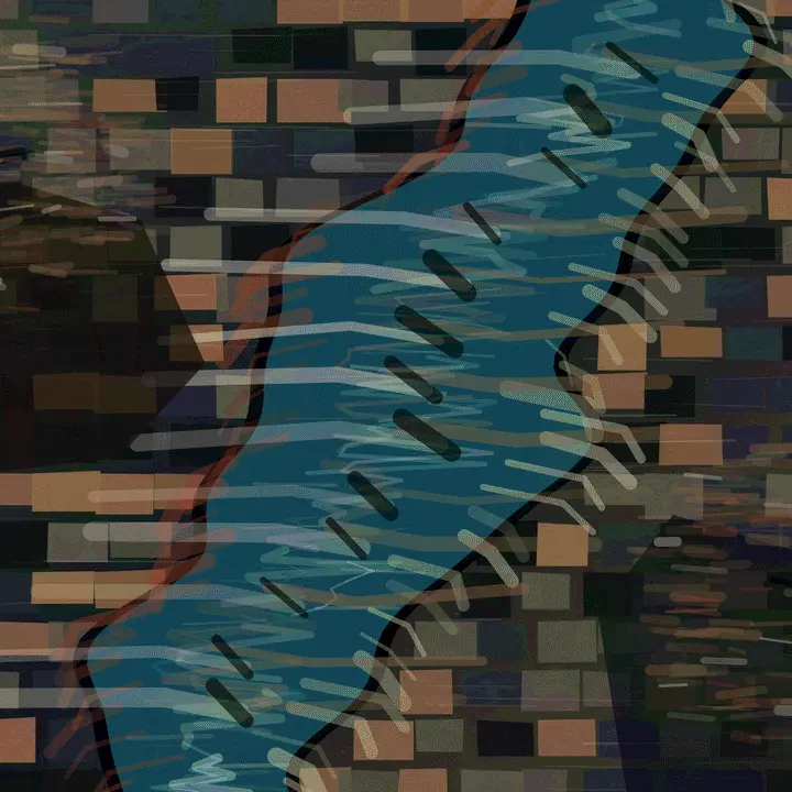 The River Refuses the Grid: cumulative painting state 4 of 5; The River Refuses the Grid is a completed original from SOL-ULTRA-SALON-B-01. Sealed jury decision: reject. Bright river ribbon, brick grid, and crossing ticks explain river versus city diagrammatically; flow-field polish does not produce material consequence.