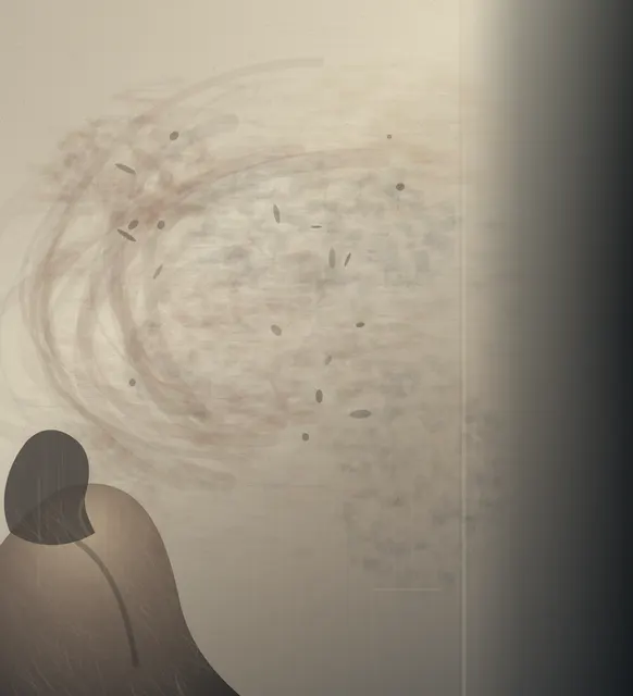 After the Particle Chamber Closes is a completed original from SOL-ULTRA-SALON-B-01. Sealed jury decision: keep. The salon's strongest silence and temporal unease: tiny witness, pale weather-body, and dark shutdown edge. Keep cautiously; vapor stamping and placed ovals remain substantial limits.