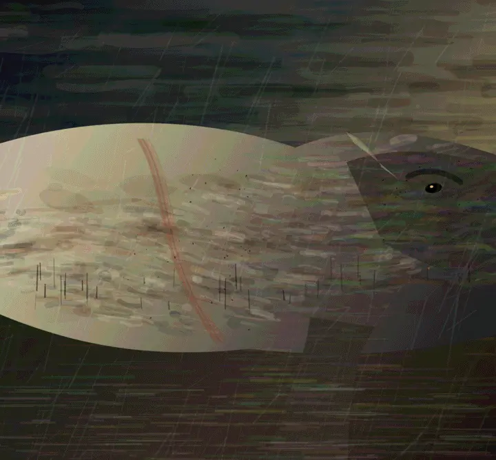 Flood Animal, Turning: cumulative painting state 4 of 4; Flood Animal, Turning is a completed original from SOL-ULTRA-SALON-B-01. Sealed jury decision: hold. Immense flood-animal collision and gold eye are memorable, but the pale capsule, eye emblem, repetitive rain, and lower stripes disclose the construction too readily.