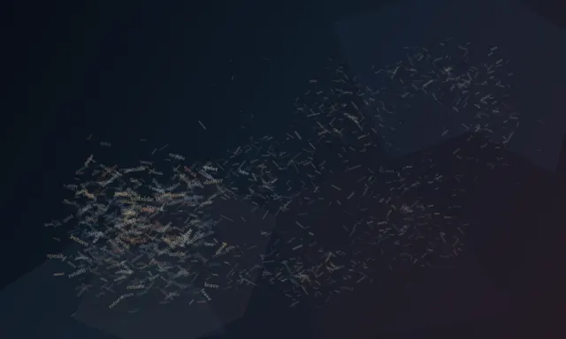 Compressed dark speech matter begins in one dense pocket and disperses into exposed receiving air; shelter is constituted by lexical density and occlusion, not drawn architecture.