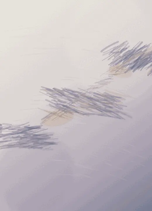 Steps That Unlearn Height: cumulative painting state 2 of 3; A moon-white and violet portrait contains three very light clusters of slivers, a few ochre pools, and a large open left/top field; the clusters enter from different edges.