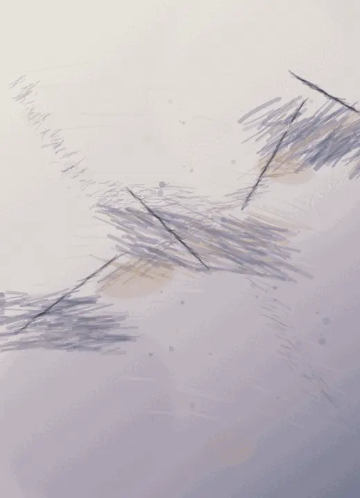 Steps That Unlearn Height: cumulative painting state 3 of 3; A moon-white and violet portrait contains three very light clusters of slivers, a few ochre pools, and a large open left/top field; the clusters enter from different edges.