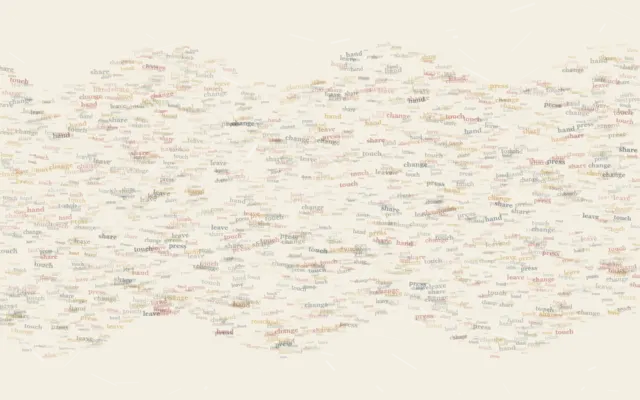 Surface of Many Hands uses fingerprint strata so small meaningful words carry the image's pressure and open intervals.