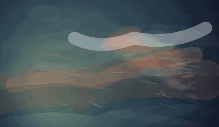 The First Separation: cumulative painting state 2 of 3; A wide dusk-blue field carries a pale green haze from the lower-left. Several long translucent ochre, teal, and plum bands cross the frame, with a small chain of warm deposits near the upper-right and scattered copper/cyan flecks in the open field.