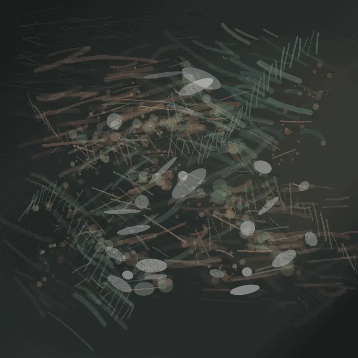 The Joint Forgets: cumulative painting state 3 of 3; A charcoal-green square field contains rust, sage, and pale scratches organized around a dark circular pooling area, with beads of light and loose drypoint cuts around it.