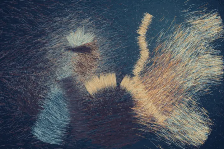 The Listening Between: cumulative painting state 2 of 3; A dark nocturnal raster field carries an oblique listening face and body at left, split warm gestures near an open seam, and an answering mineral current entering from the right.