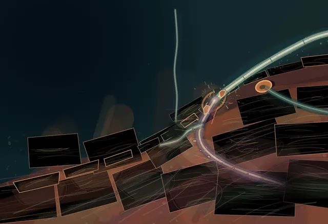 Specific technological interior and layered depth, but screens, rails, and looped conduits make the image schematic.
