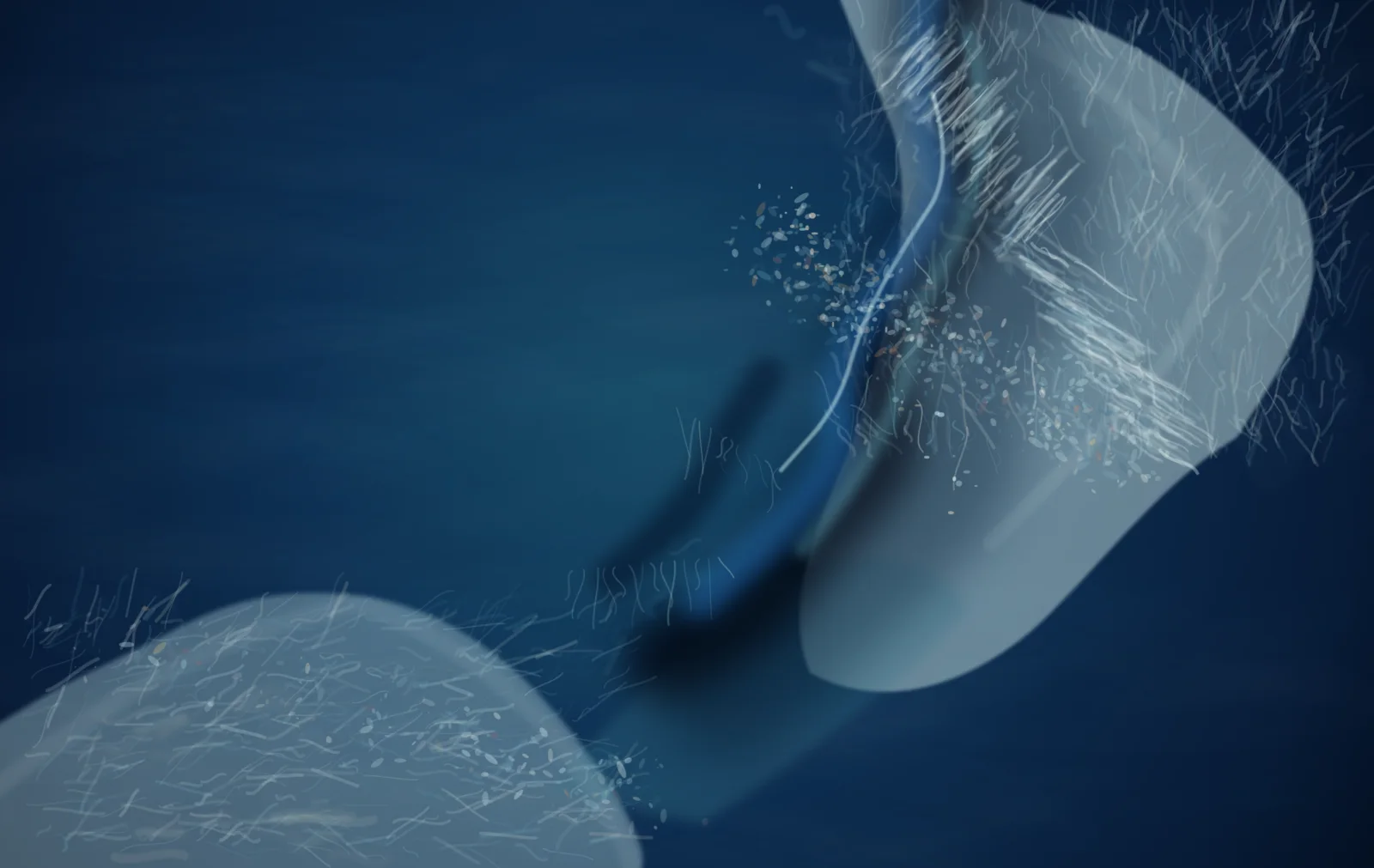 A cropped glacier body hangs across a blue-black field: pale ice planes overlap a branched cobalt interior, with fractured edges catching mineral light and quiet intervals left open around the pressure.