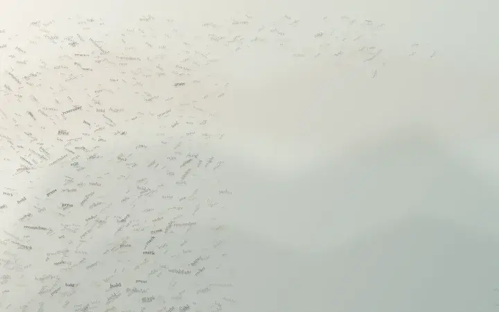 The Paper Keeps the Pressure: cumulative painting state 2 of 3; A platen-like field gathers enlarged and ghosted words into a lower-left impression, releasing toward a broad paper interval where faint transfers remain.