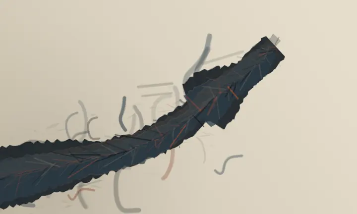 The Premise Was Removed First: cumulative painting state 3 of 7; Torn diagonal and secondary shear imply abrasion, but stray glyph-like loops and a centered black hook push it toward notation.
