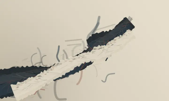 The Premise Was Removed First: cumulative painting state 4 of 7; Torn diagonal and secondary shear imply abrasion, but stray glyph-like loops and a centered black hook push it toward notation.