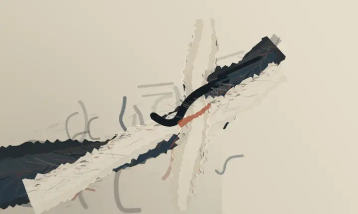 The Premise Was Removed First: cumulative painting state 7 of 7; Torn diagonal and secondary shear imply abrasion, but stray glyph-like loops and a centered black hook push it toward notation.