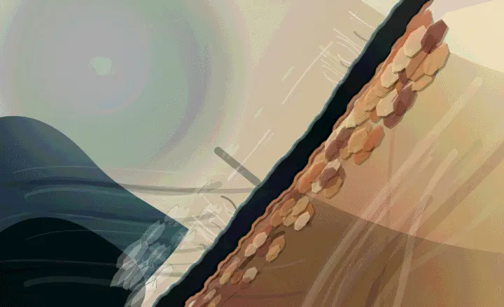 The Remainder Cannot Be Seamed: cumulative painting state 3 of 5; Strong diagonal hinge and granular ridge; native outlines and regular chips make the geology read as an infographic cross-section.