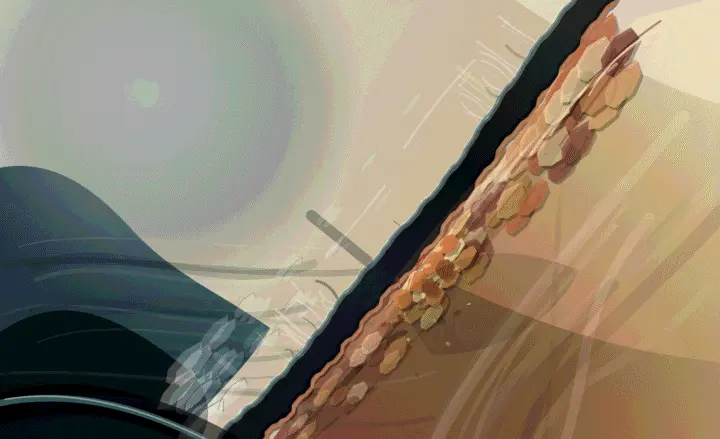 The Remainder Cannot Be Seamed: cumulative painting state 4 of 5; Strong diagonal hinge and granular ridge; native outlines and regular chips make the geology read as an infographic cross-section.