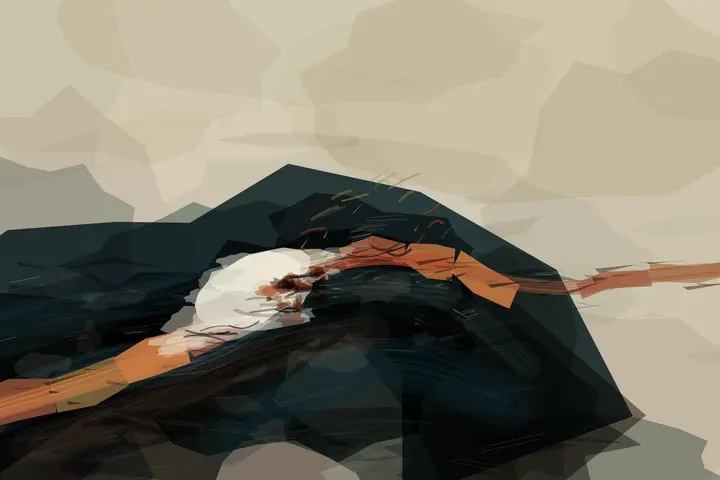 The River Refused the Detour: cumulative painting state 4 of 4; Native leader: layered dark strata make the white rupture and rust route feel excavated rather than placed; the pale field stays active.