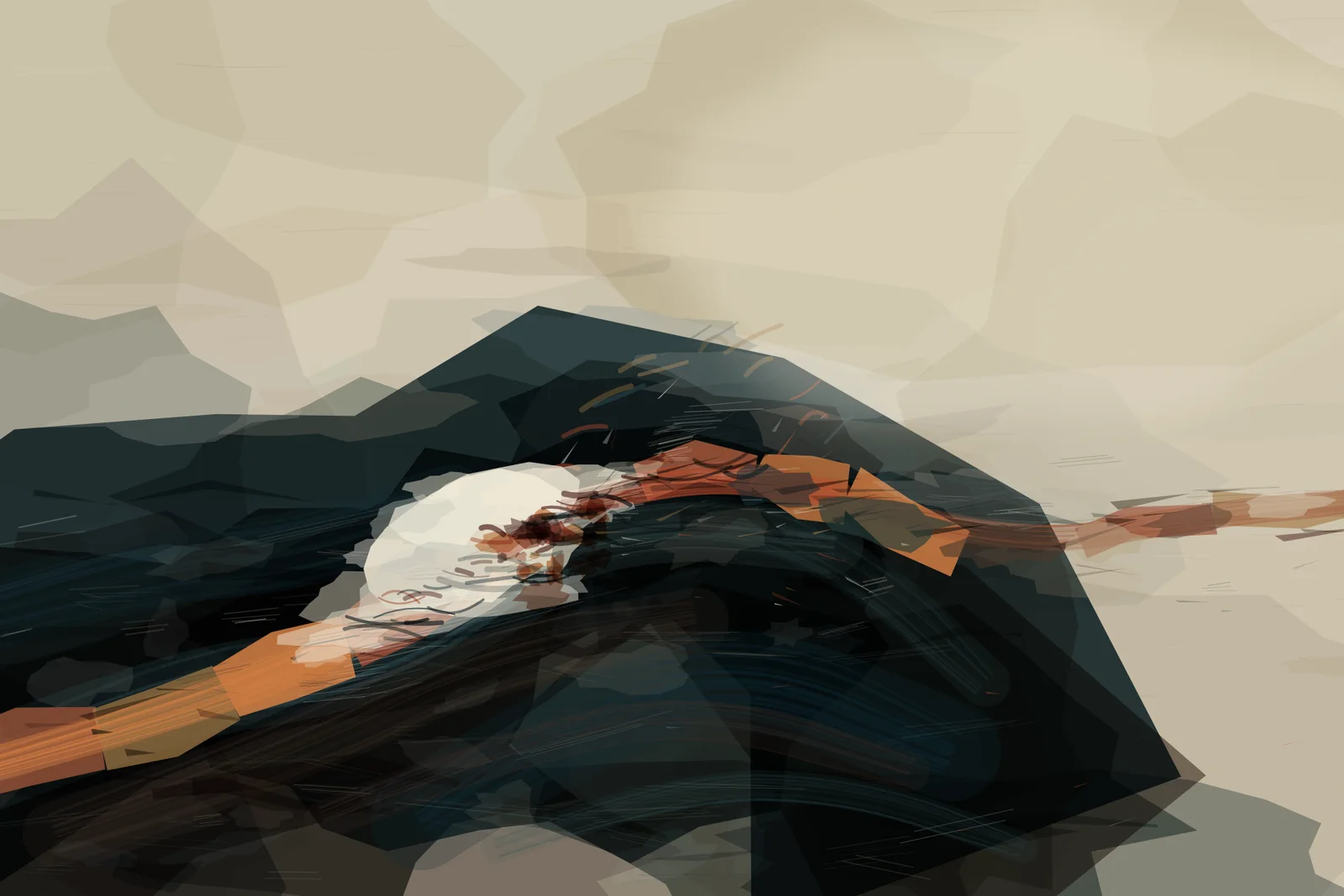 Native leader: layered dark strata make the white rupture and rust route feel excavated rather than placed; the pale field stays active.