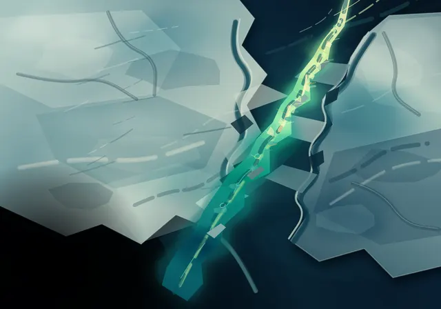 The fissure organizes the field strongly; glow, centered fracture, and faceted planes turn it into a game emblem.