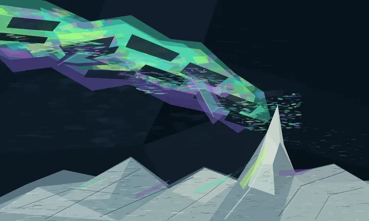 The Sky Keeps the Scar: cumulative painting state 4 of 5; Large-scale crystalline route is immediately legible, but neon faceting and game-environment spectacle overpower material history.