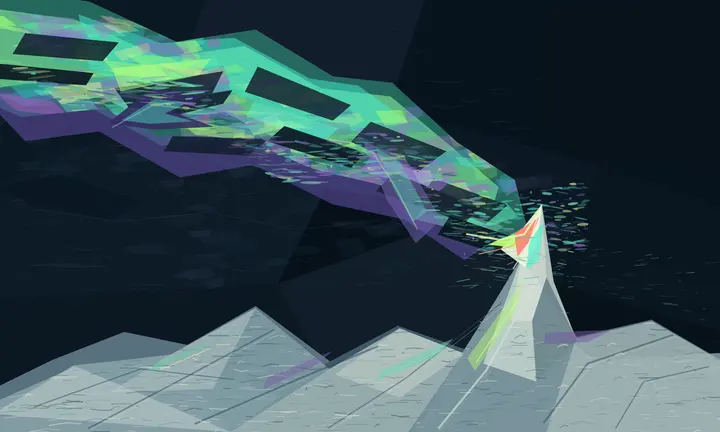 The Sky Keeps the Scar: cumulative painting state 5 of 5; Large-scale crystalline route is immediately legible, but neon faceting and game-environment spectacle overpower material history.