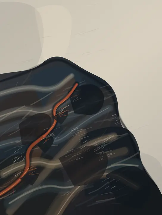 The Weight of What Was Not Sent: cumulative painting state 4 of 5; A convincing weighted mound and rust seam press into pale space, though soft ovals and the detached upper-right stroke weaken causality.
