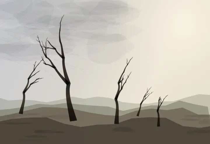 The Wind Kept Some: cumulative painting state 3 of 5; The strongest representational outlier: wind, bent trunks, sparse fruit, ground, and a fallen limb form a specific causal weather history.