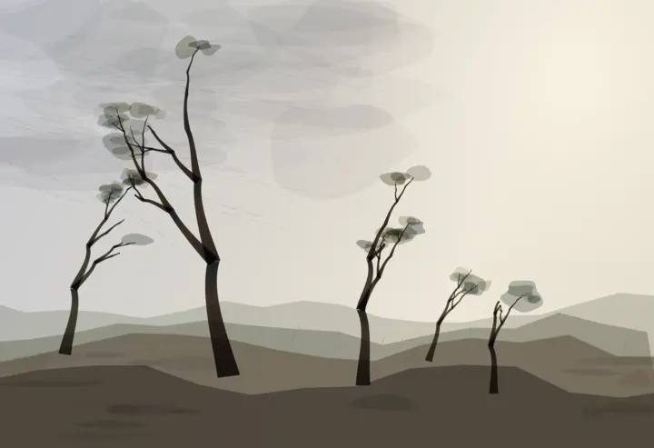 The Wind Kept Some: cumulative painting state 4 of 5; The strongest representational outlier: wind, bent trunks, sparse fruit, ground, and a fallen limb form a specific causal weather history.