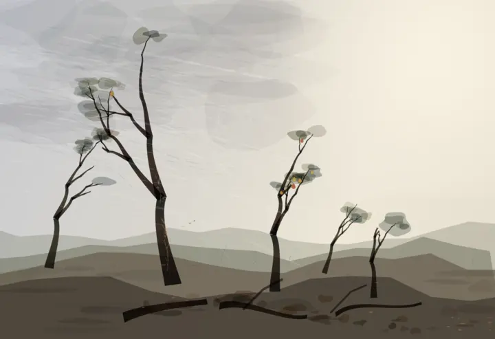 The Wind Kept Some: cumulative painting state 5 of 5; The strongest representational outlier: wind, bent trunks, sparse fruit, ground, and a fallen limb form a specific causal weather history.