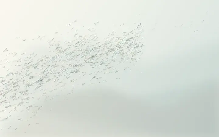 Weather Gathers, Then Clears: cumulative painting state 3 of 3; A diagonal front of tiny weather words gathers from the lower-left, thickens through overlapping pressure, and thins into a protected upper-right interval.