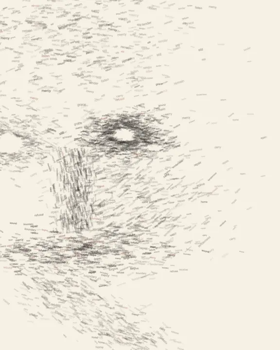 What Mercy Refuses to Abandon: cumulative painting state 1 of 3; A severely frame-cut face is constituted by hundreds of small words about mercy, refusal, repair, shelter, and return; lexical pressure opens into warm paper rather than an enclosing portrait mask.