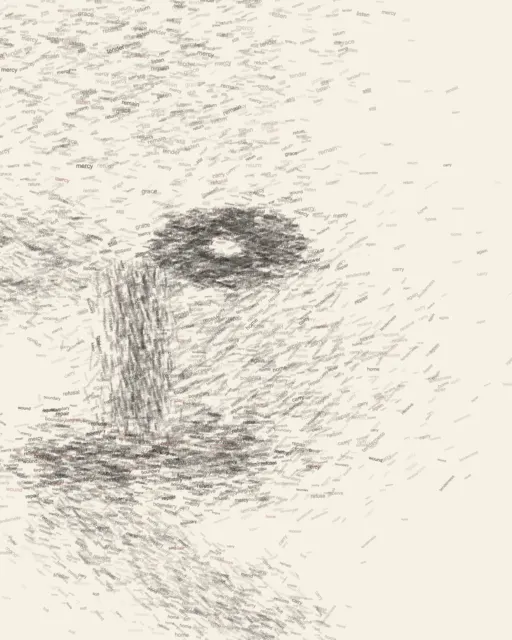 A severely frame-cut face is constituted by hundreds of small words about mercy, refusal, repair, shelter, and return; lexical pressure opens into warm paper rather than an enclosing portrait mask.