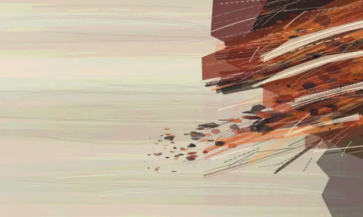 What the Ash Could Not Enter: cumulative painting state 3 of 5; Best edge-loaded negative space: the rust wall sheds debris and pressure into a vast quiet field, with a tiny distant interruption fixing scale.