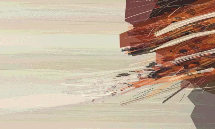 What the Ash Could Not Enter: cumulative painting state 4 of 5; Best edge-loaded negative space: the rust wall sheds debris and pressure into a vast quiet field, with a tiny distant interruption fixing scale.
