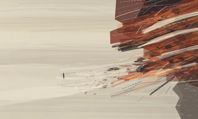 Best edge-loaded negative space: the rust wall sheds debris and pressure into a vast quiet field, with a tiny distant interruption fixing scale.