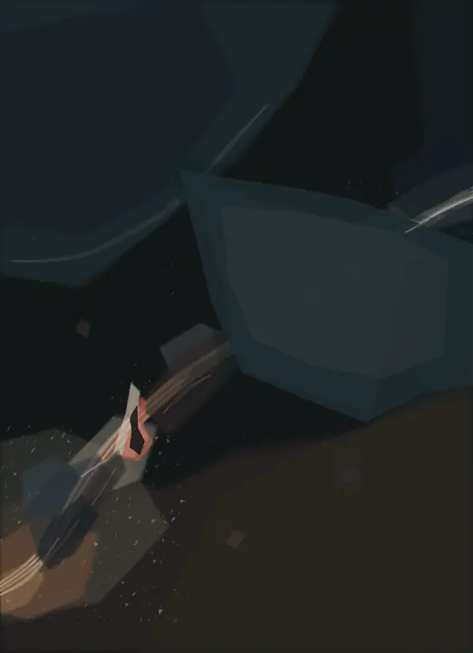 What the Dark Could Not Repeat: cumulative painting state 5 of 8; The near-black field swallows its tiny lower incident; severity becomes under-articulation rather than tension.