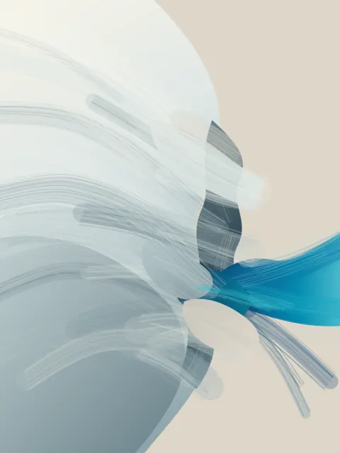 Tasteful pale fan and cyan projection reduce to a corporate swoosh at contact and native scales.