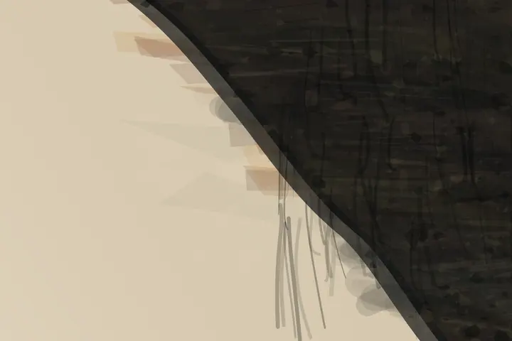 What the Fire Could Not Inherit: cumulative painting state 2 of 4; Monumental diagonal scar and real value stability; native inspection demotes it because repeated sticks, dots, and curls become procedural garnish.