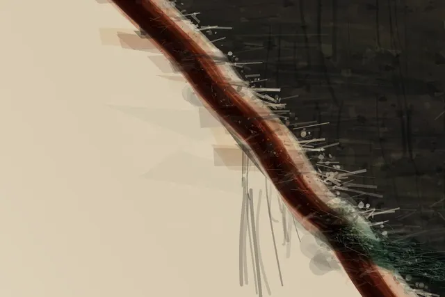 Monumental diagonal scar and real value stability; native inspection demotes it because repeated sticks, dots, and curls become procedural garnish.