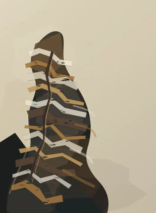 What the Omission Held: cumulative painting state 3 of 5; Distinctive fractured figure with monumental isolation and accumulated collage; centered totem logic and clean polygon joins cap it below the leaders.