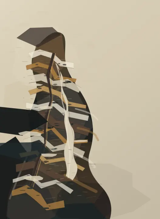 What the Omission Held: cumulative painting state 4 of 5; Distinctive fractured figure with monumental isolation and accumulated collage; centered totem logic and clean polygon joins cap it below the leaders.