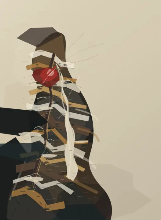 What the Omission Held: cumulative painting state 5 of 5; Distinctive fractured figure with monumental isolation and accumulated collage; centered totem logic and clean polygon joins cap it below the leaders.