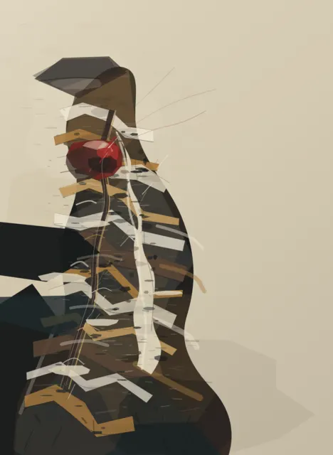 Distinctive fractured figure with monumental isolation and accumulated collage; centered totem logic and clean polygon joins cap it below the leaders.