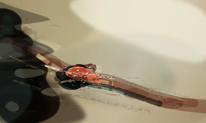 Where the Charred Water Turns: cumulative painting state 4 of 5; A compressed hot nucleus drags a dirty wake from black mass into luminous space; physical ambiguity survives despite digital micro-bars.