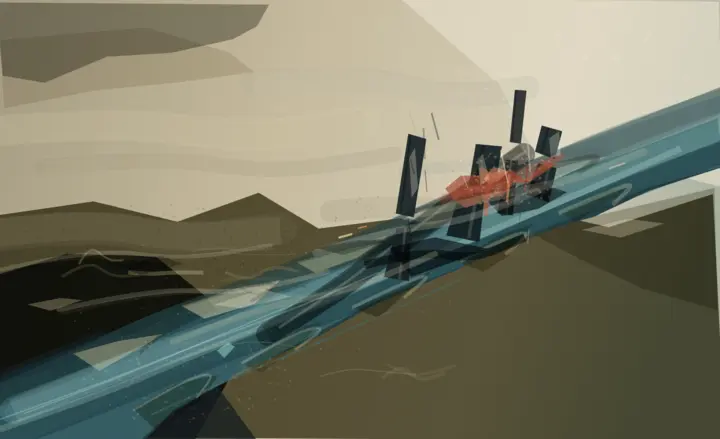 Where the Dredge Turned Back: cumulative painting state 4 of 4; Convincing oblique thrust and localized collision, ultimately closer to motion graphics because rails, slabs, and speckle remain cleanly additive.
