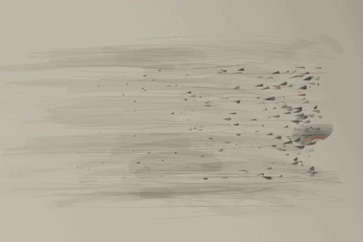 Ash Keeps the Wind: cumulative painting state 4 of 4; Ash Keeps the Wind interprets wake through directional ash drift as an independently authored causal raster.