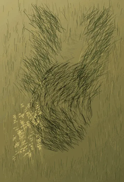 Pressed Grass After the Animal: cumulative painting state 4 of 4; Pressed Grass After the Animal interprets wake through compressed vegetation route as an independently authored causal raster.