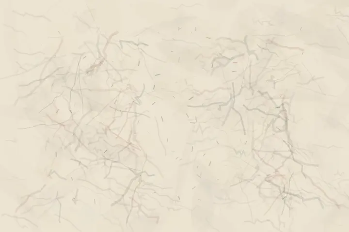 Grammar After Motion: cumulative painting state 4 of 4; Abraded clauses occupy the margins while the missing verb survives as unmarked pressure.