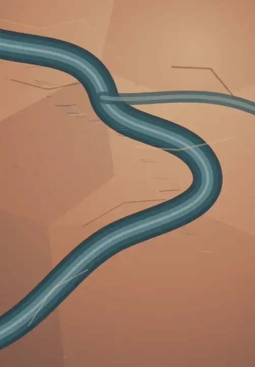 The Bend Keeps Its Weight: cumulative painting state 2 of 4; The Bend Keeps Its Weight answers the prompt through burdened river bend, preserving aftermath as a physical event.